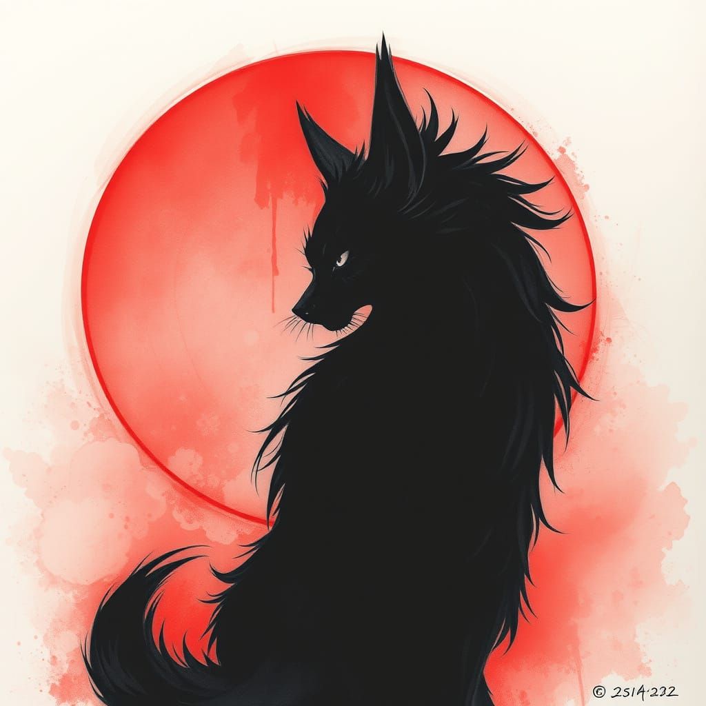 Mysterious Kitsune Silhouette Under Red Sun