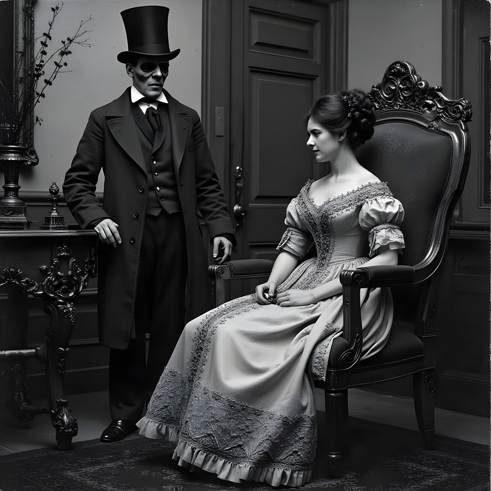 Sinister Figure in a Vintage Postcard Style