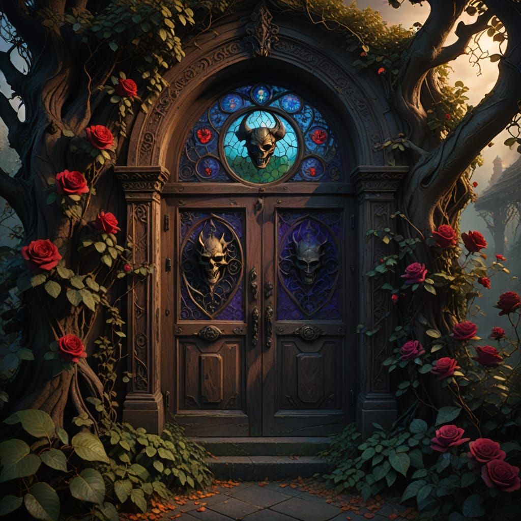 Mystical Wooden Door in a Haunting Stained Glass Window