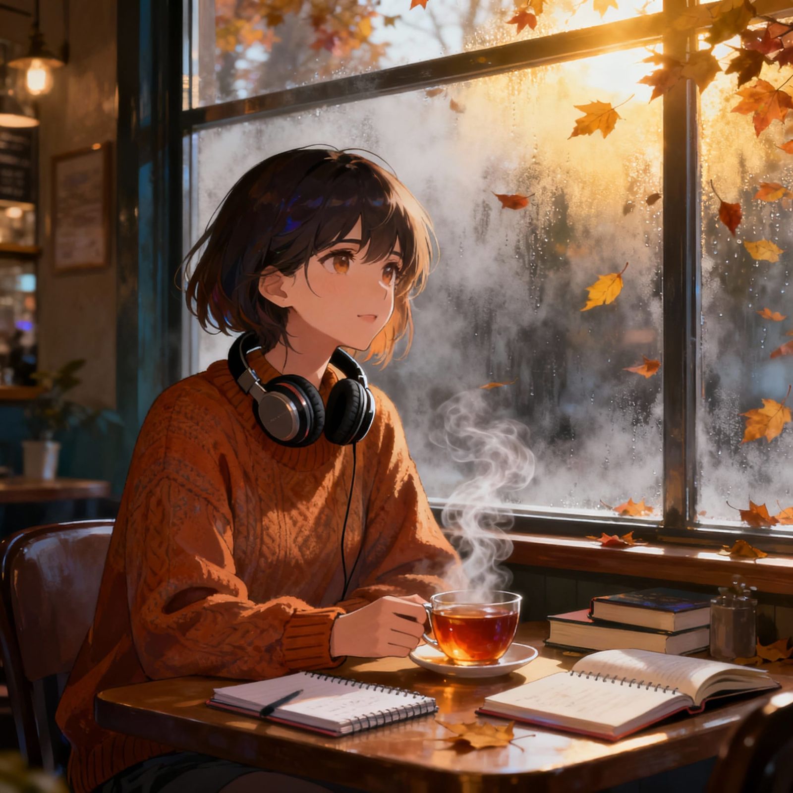 Anime Cafe Scene With Woman and Autumn View