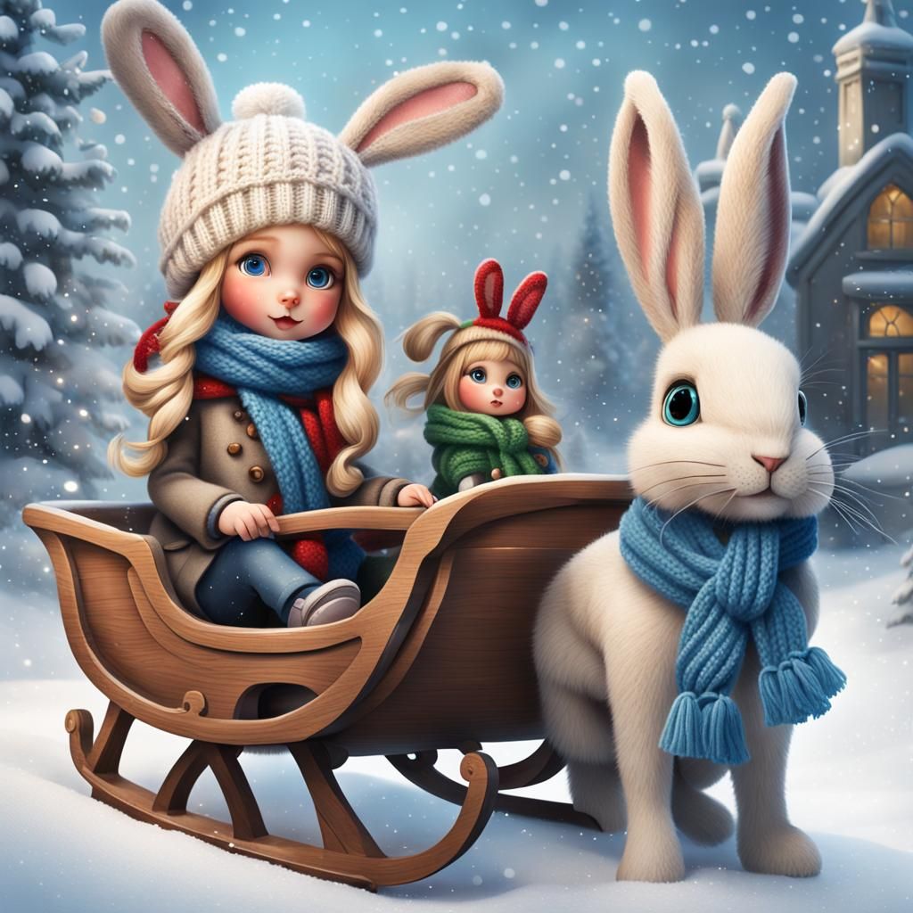 Cute Girl and Bunny Sleigh Ride in 3D Realism