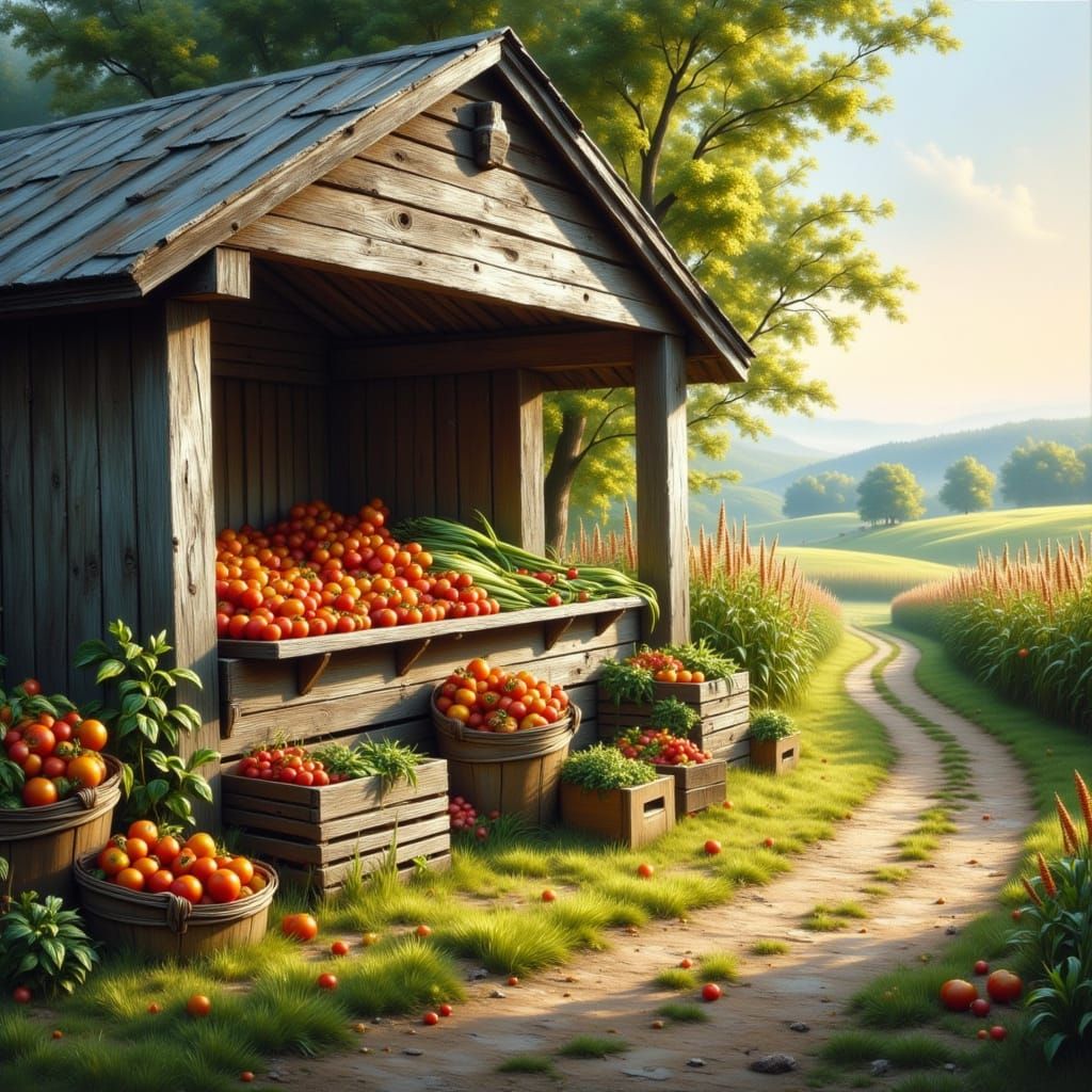 Farm Stand at Dawn as Oil Painting