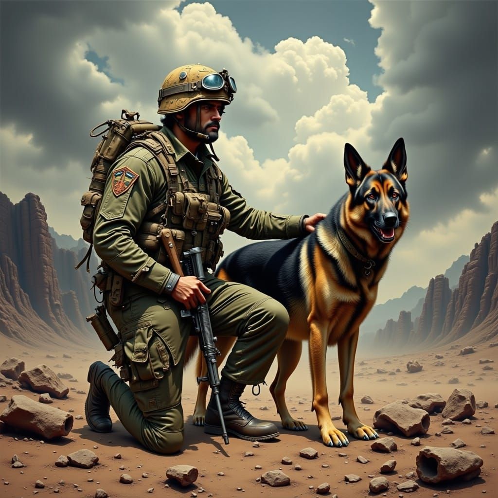Soldier and Loyal Dog in War-Torn Landscape