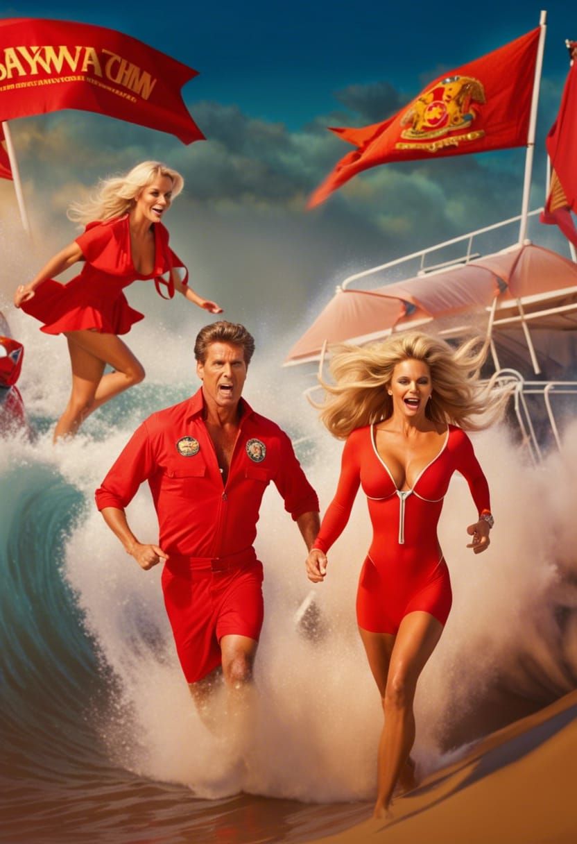 Baywatch in the 80s David Hasselhoff and Pamela Anderson get help from Gena Lee Nolin