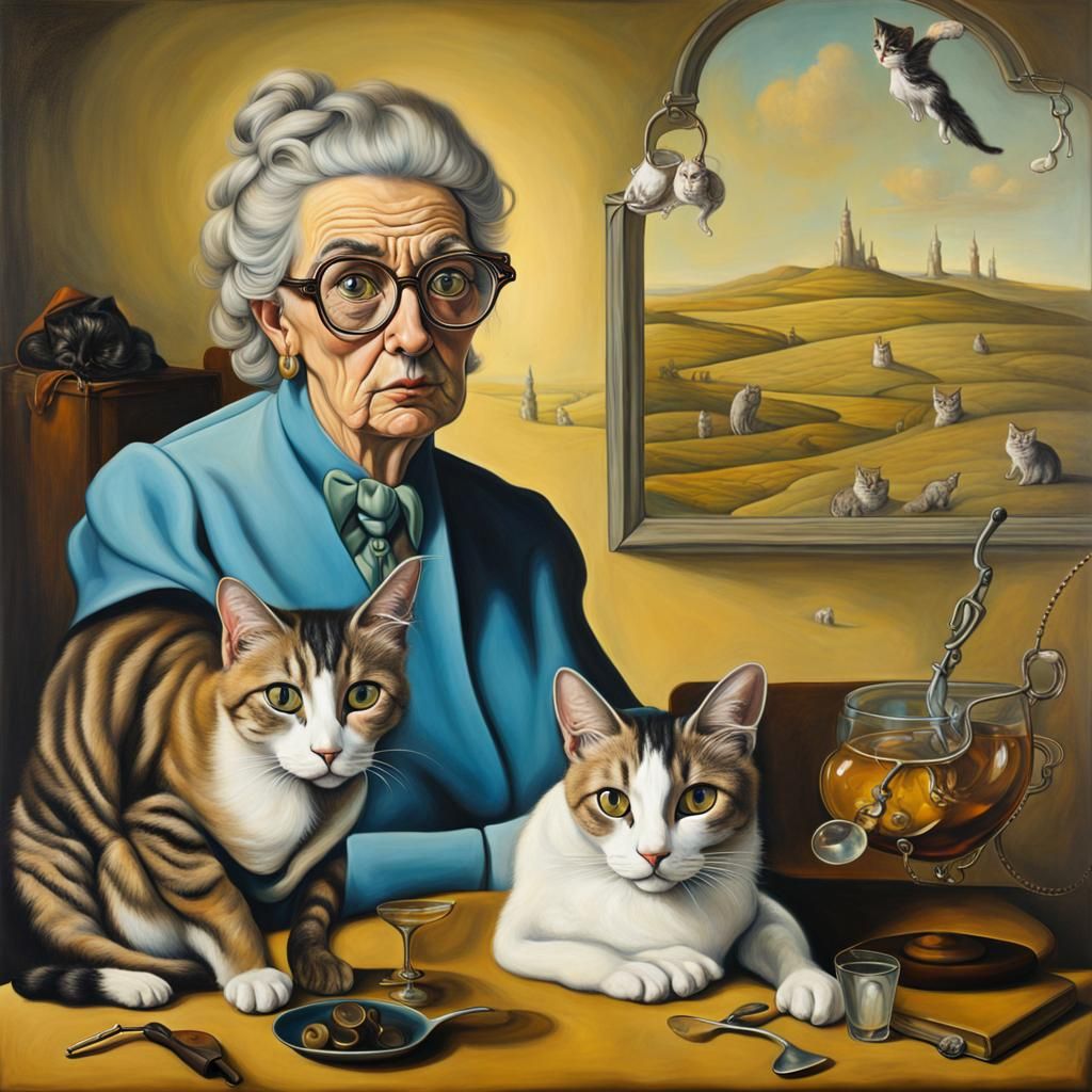 Surreal Old Woman with Cats in Dali Style