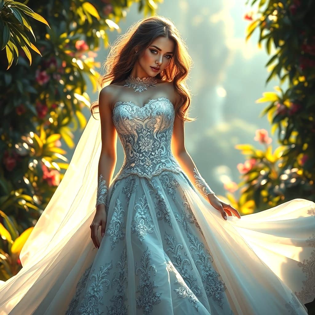 Woman in Lavish Lace Wedding Gown, Detailed Digital Art