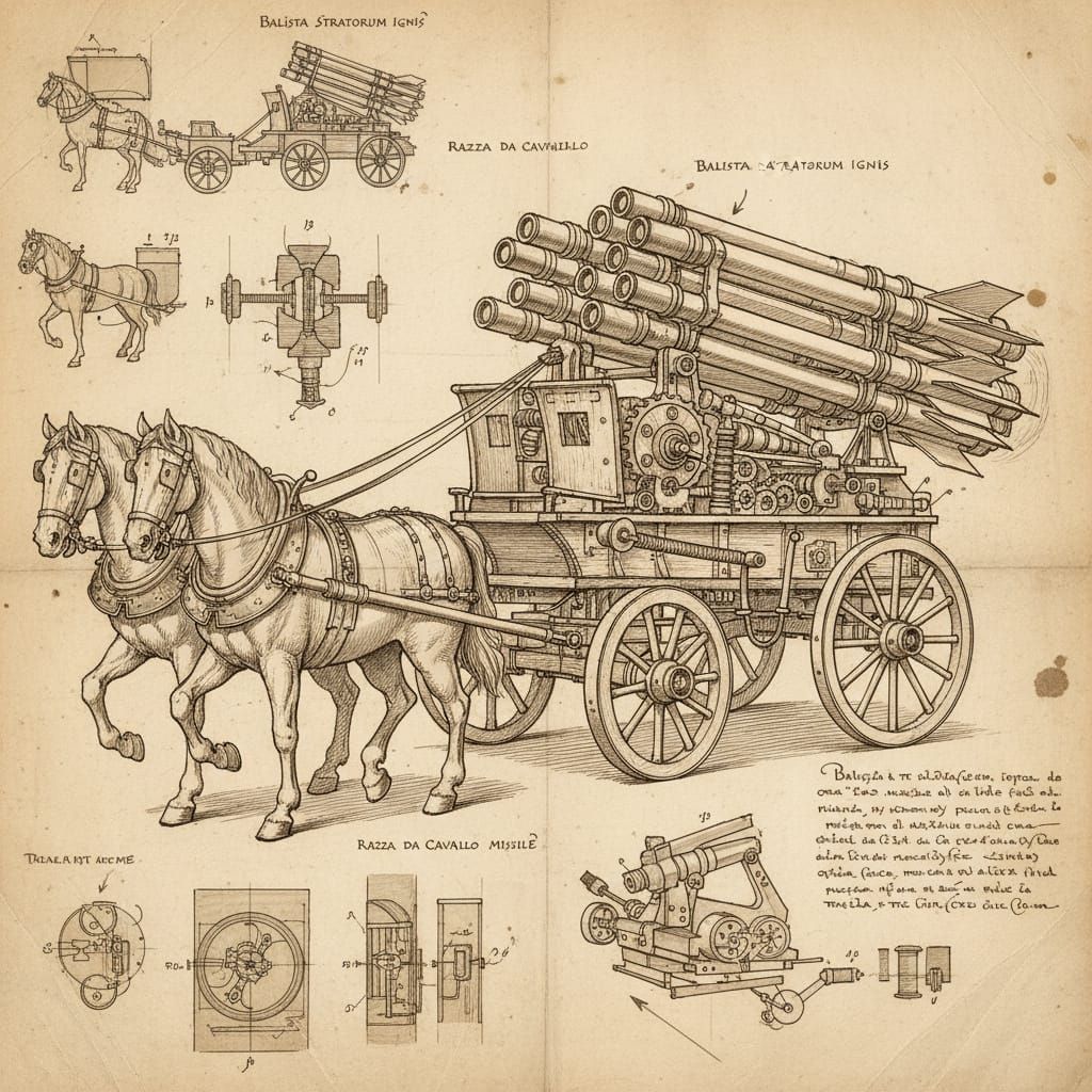 Da Vinci Style Drawing of Horse-Drawn Rocket Launcher