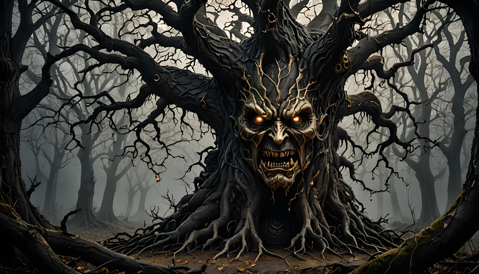 Surreal Dark Fantasy Tree with Gold Ornaments