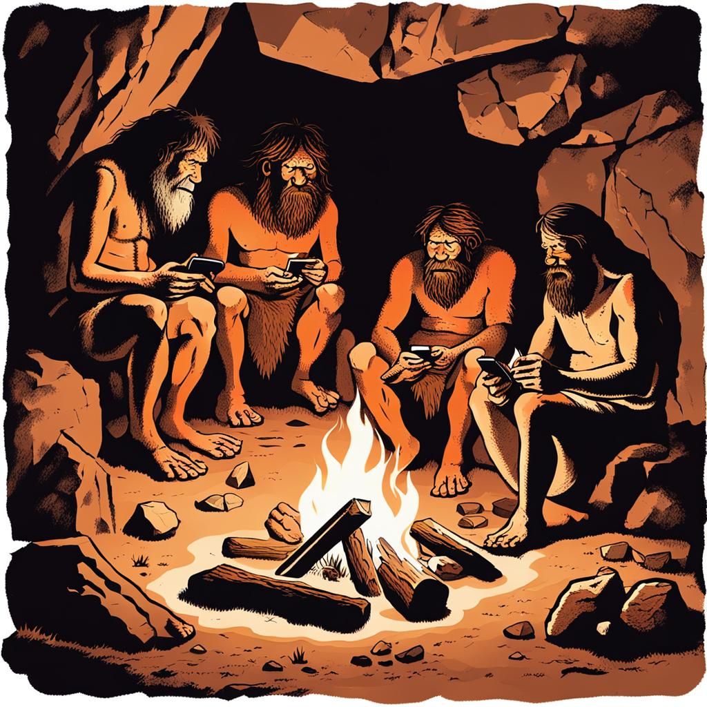 Cavemen Using Smartphones by Fire