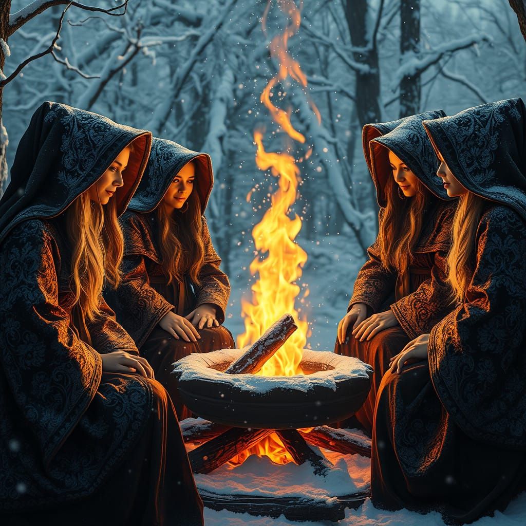 Mystical Witches Gather Around a Roaring Winter Fire