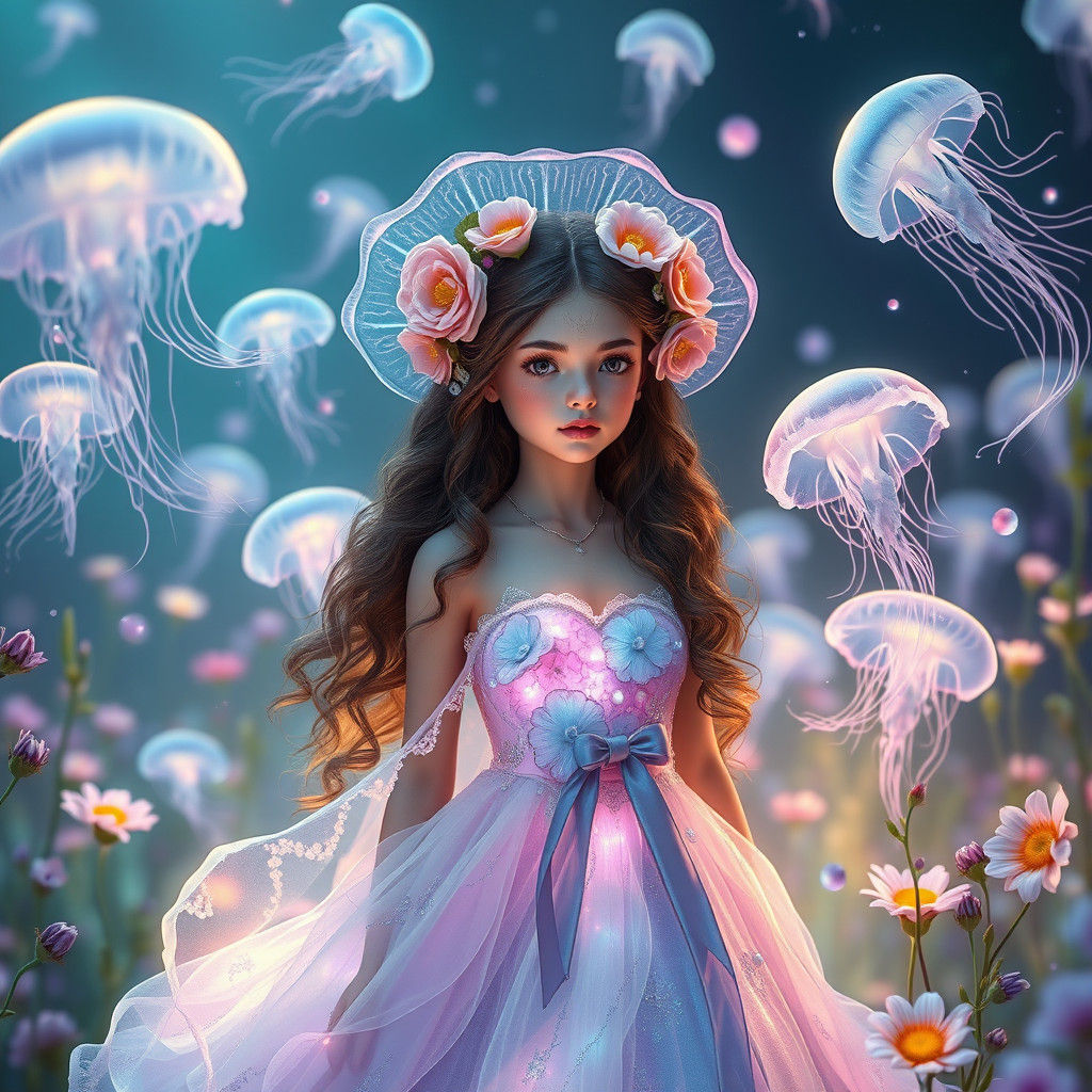 Ethereal Flower Girl with Jellyfish in Dreamlike Meadow