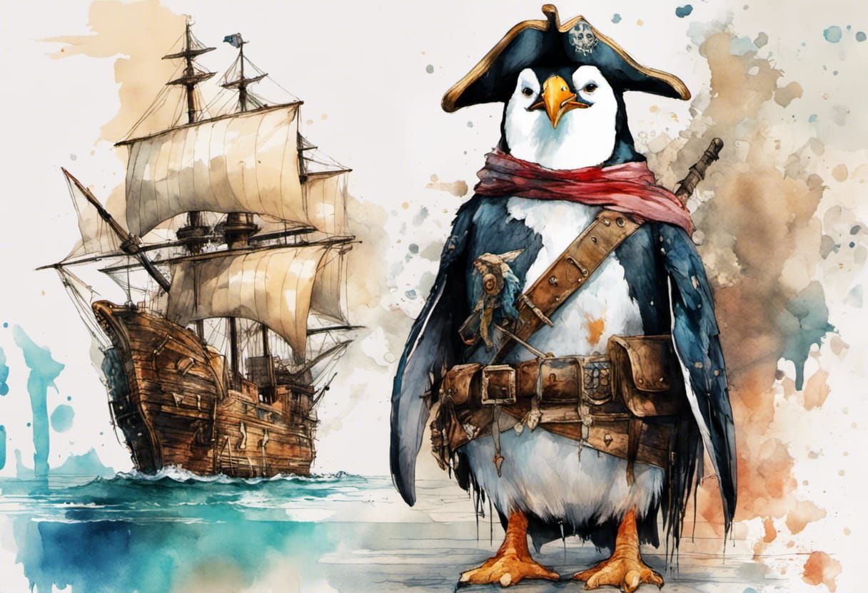 Penguin Pirate with Parrot in Watercolor Style