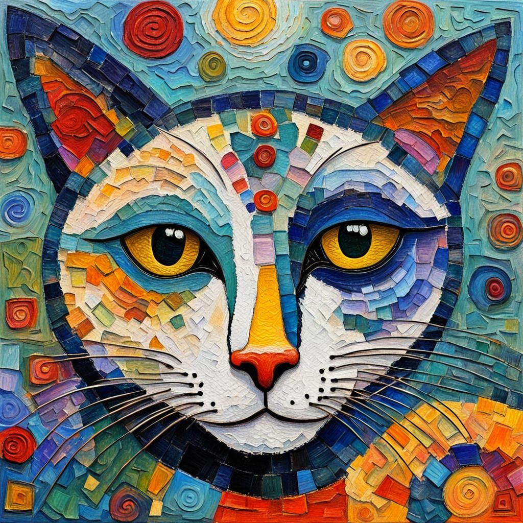 Abstract Folk Art Cat Face in Impasto Style