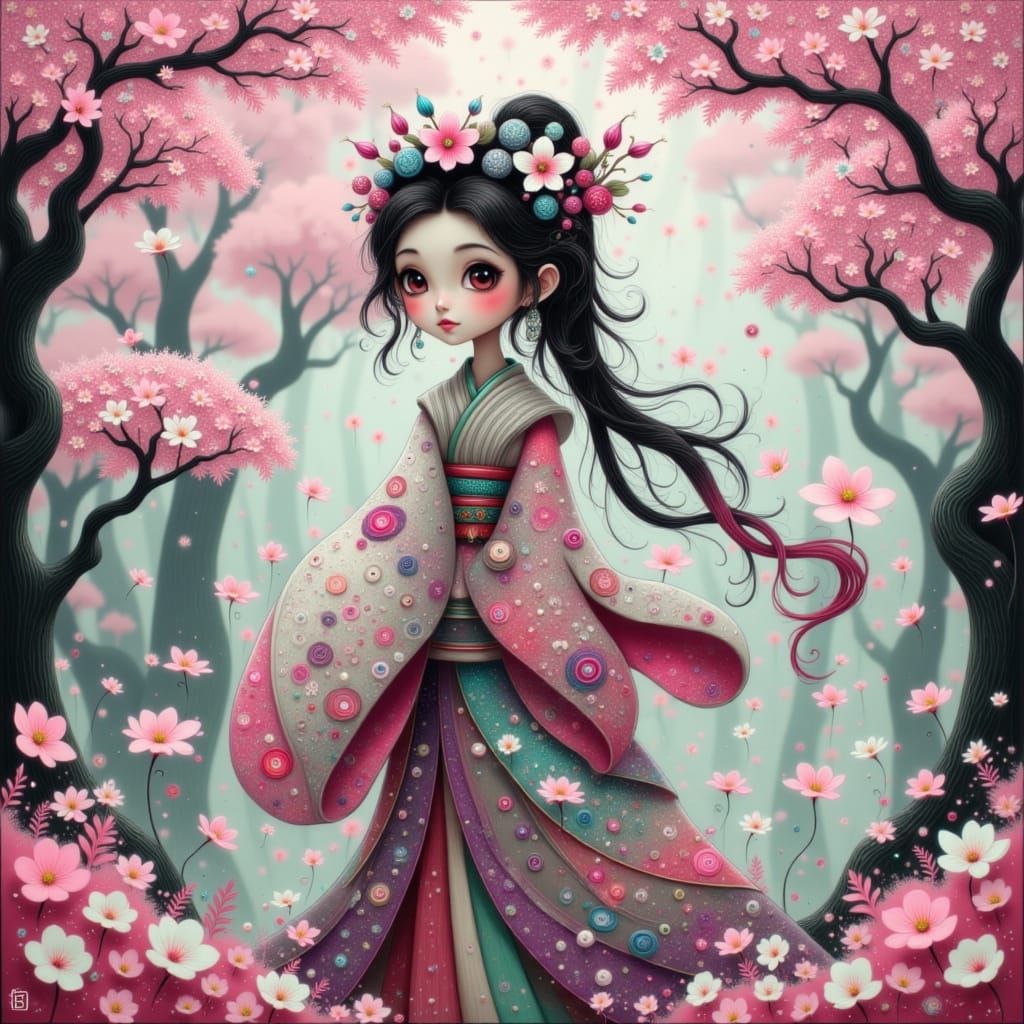 Kimono-Clad Kamado Kami in Dreamlike Cherry Blossom