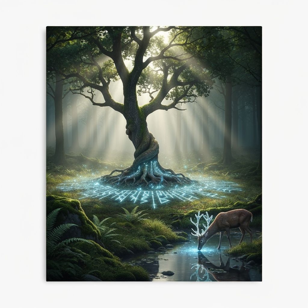 Misty Forest Dawn with Glowing Runes