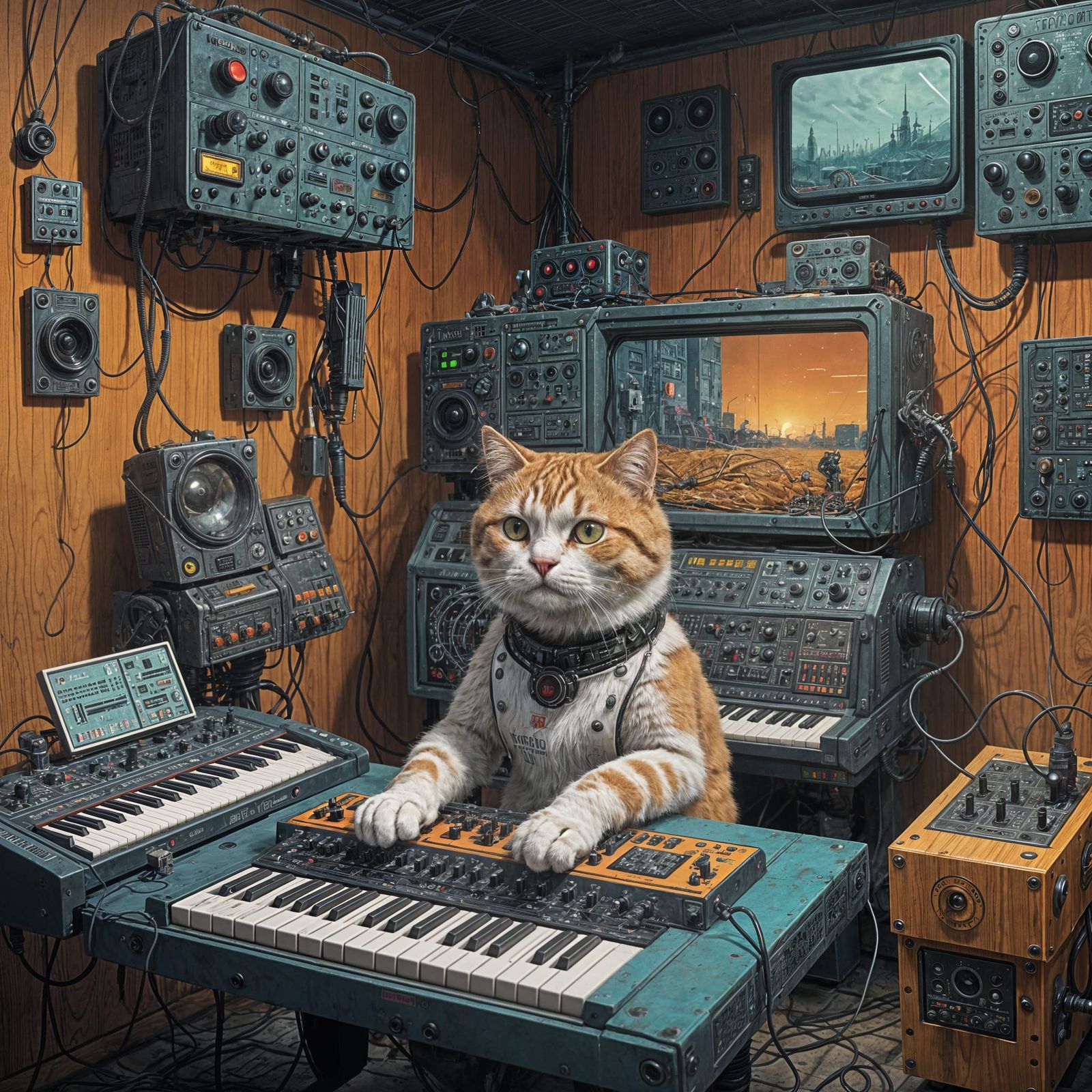 Robot Cat Plays Synth in Dystopian Landscape