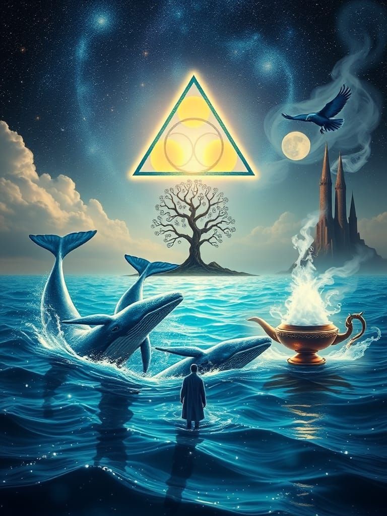 Whales, Stars, Magic Portal, and Genie in Dreamlike Scene