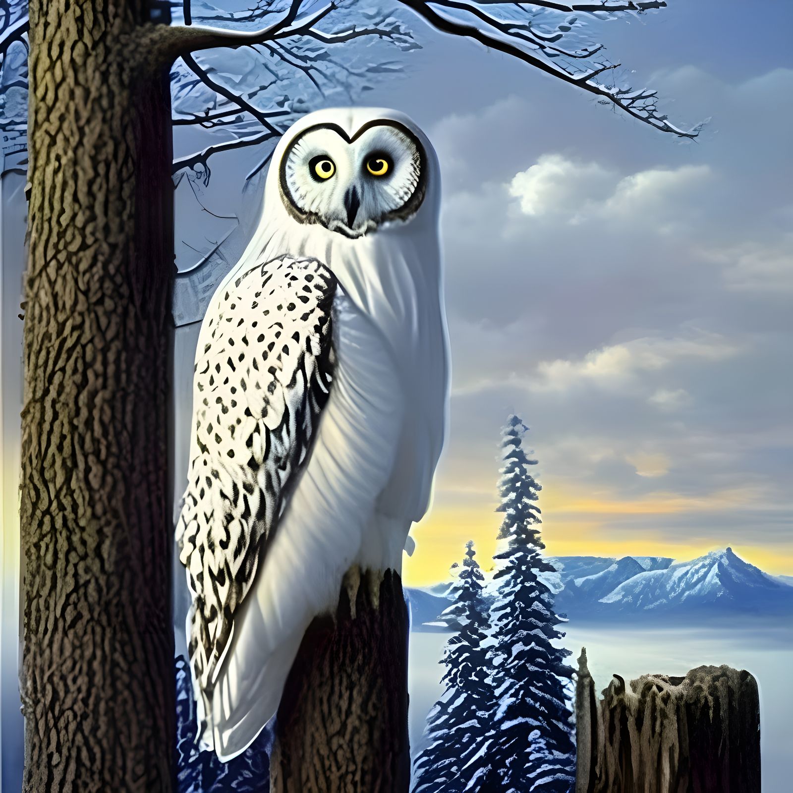 Snow Owl in Ethereal Forest: Oil Painting