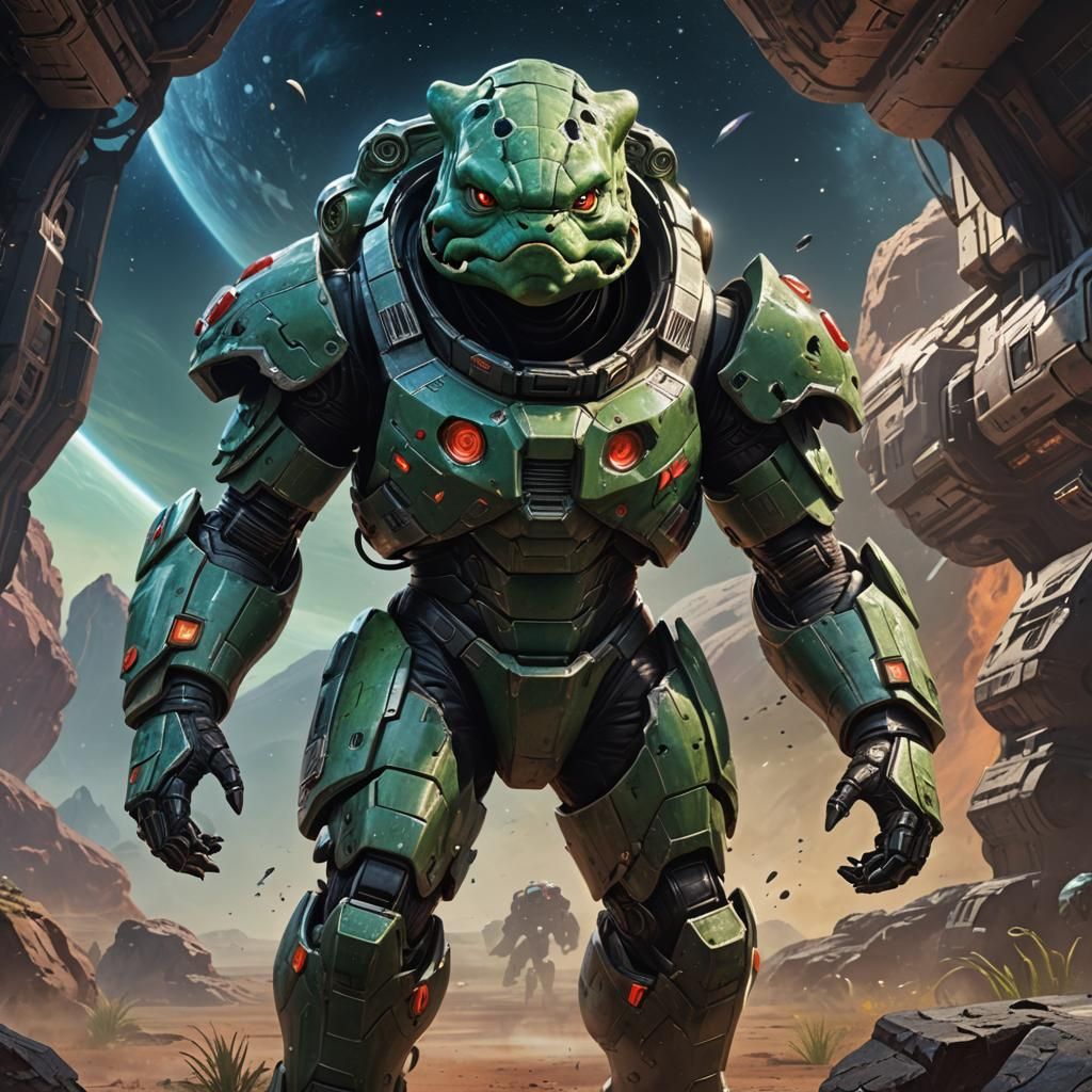 Bulbasaur-Inspired Space Armor: Detailed Matte Painting