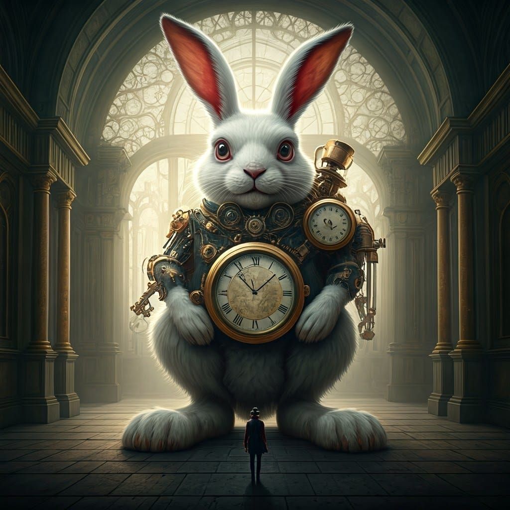 Steampunk Mechanical White Rabbit with Clock