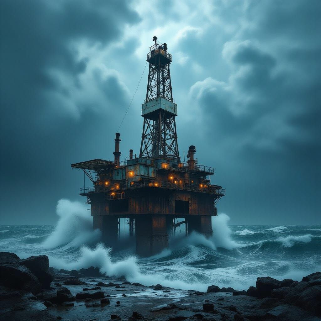 Rusted Oil Rig on Stormy Sea in Gritty Style