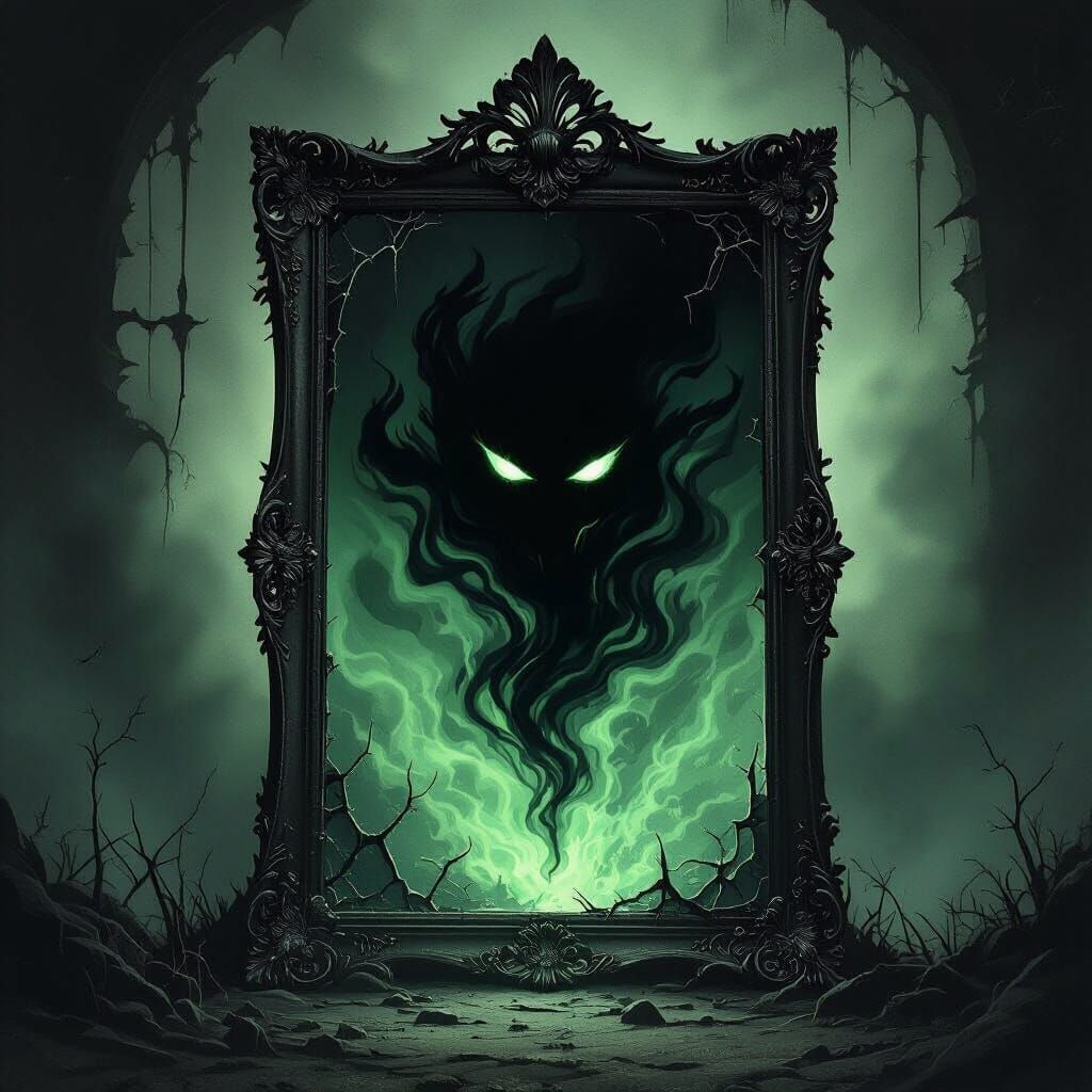 Dark Mist Pulsing in Cracked Mirror, Gothic Style