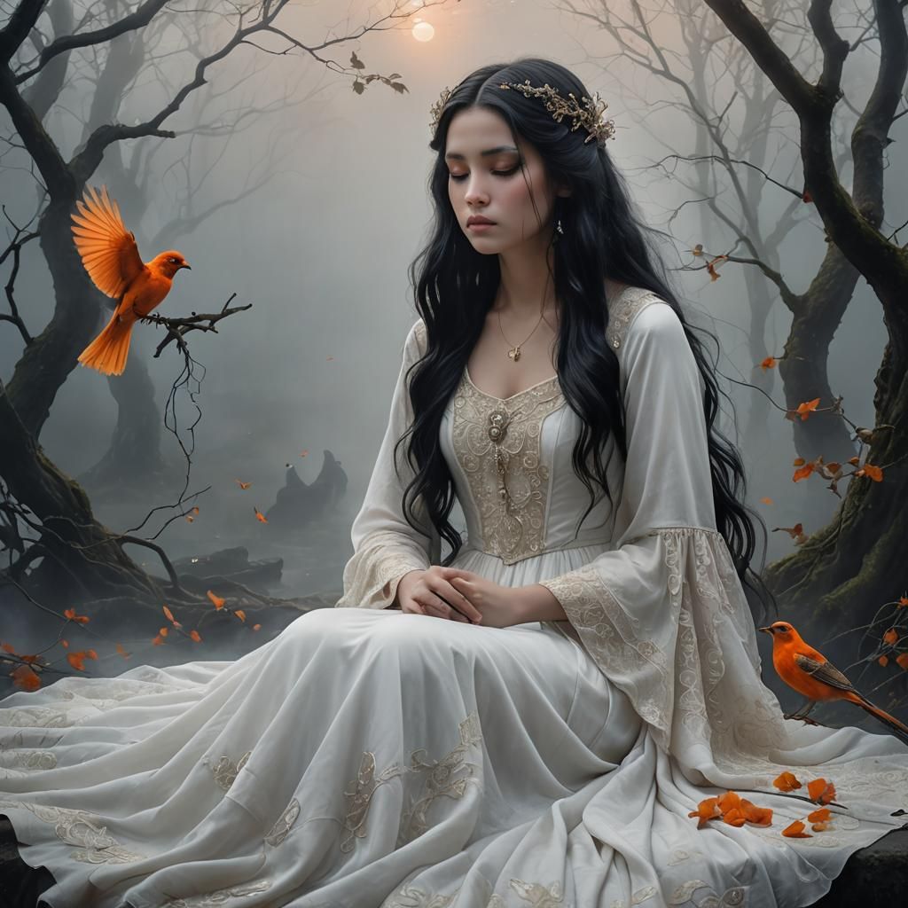 Dreamlike Girl with Bird in Ethereal Setting