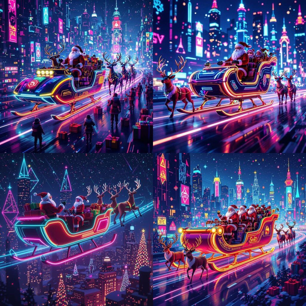 Retro-Futurism Santa Sleigh Celebration in 80s-90s Style