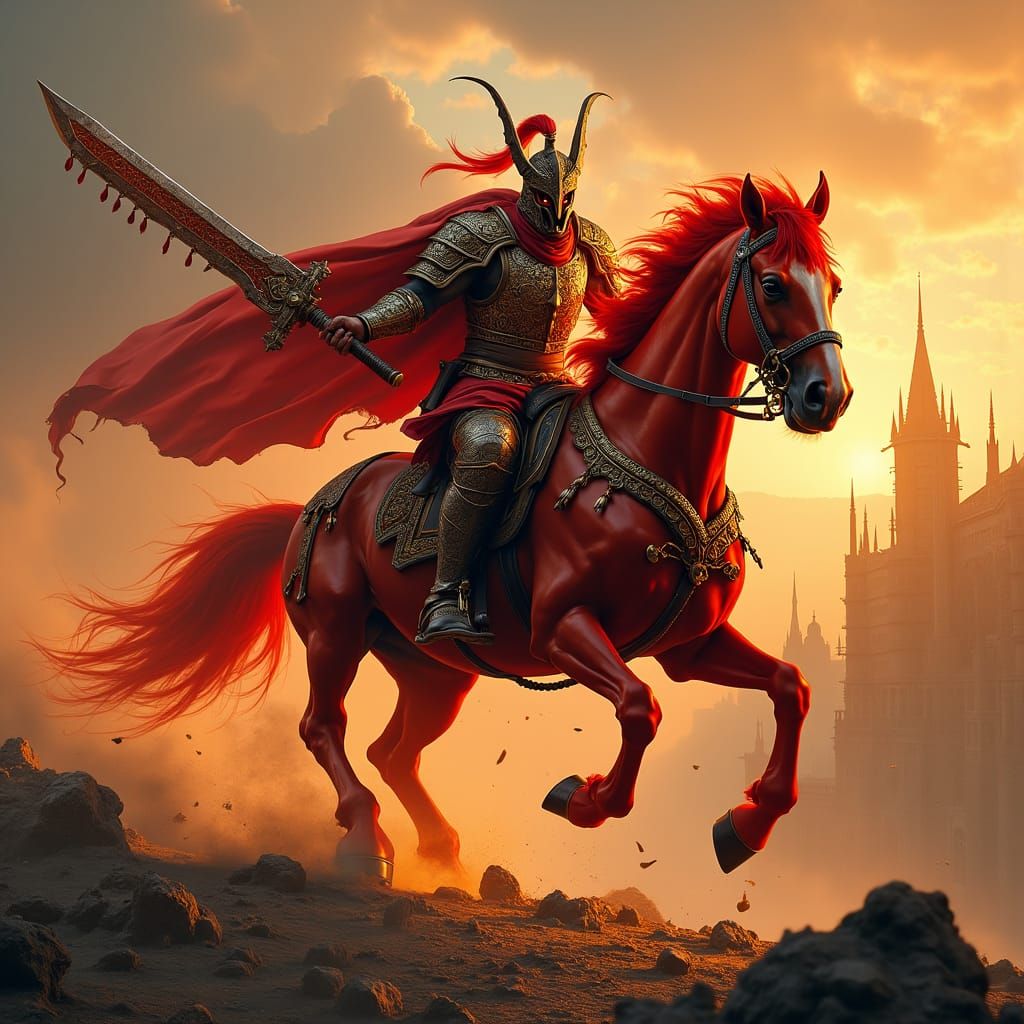 Fiery Warhorse and Armored Rider in Ruined City