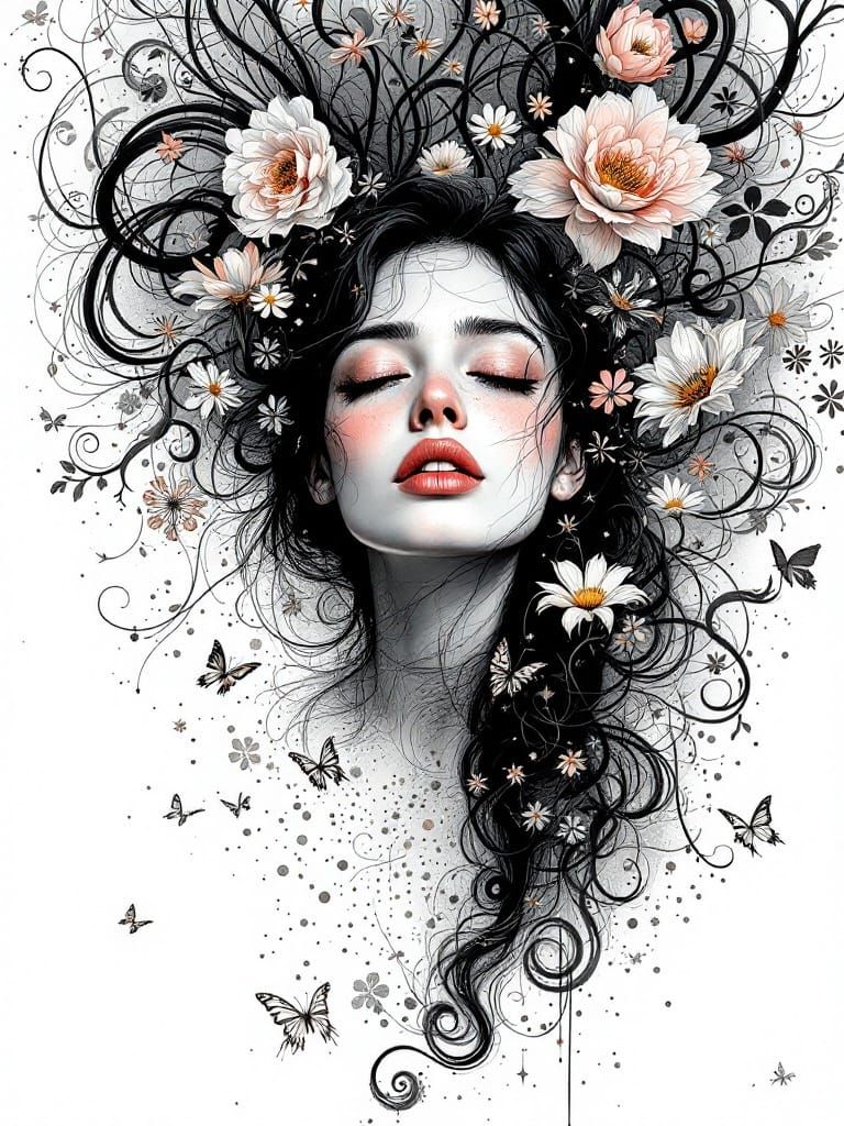 Intricate Ink Art of Woman in Soft Pastels