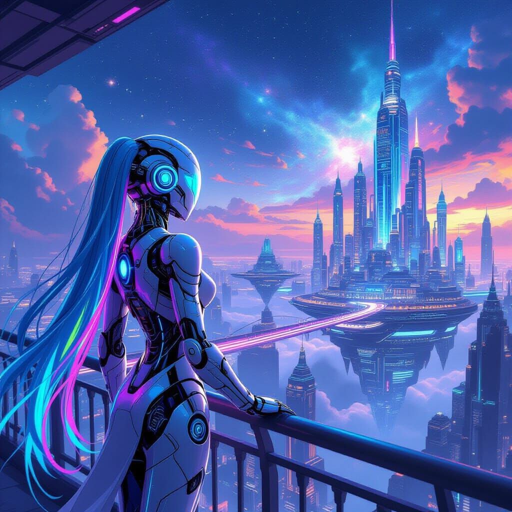 Robot Woman Gazes at Bioluminescent Sky City