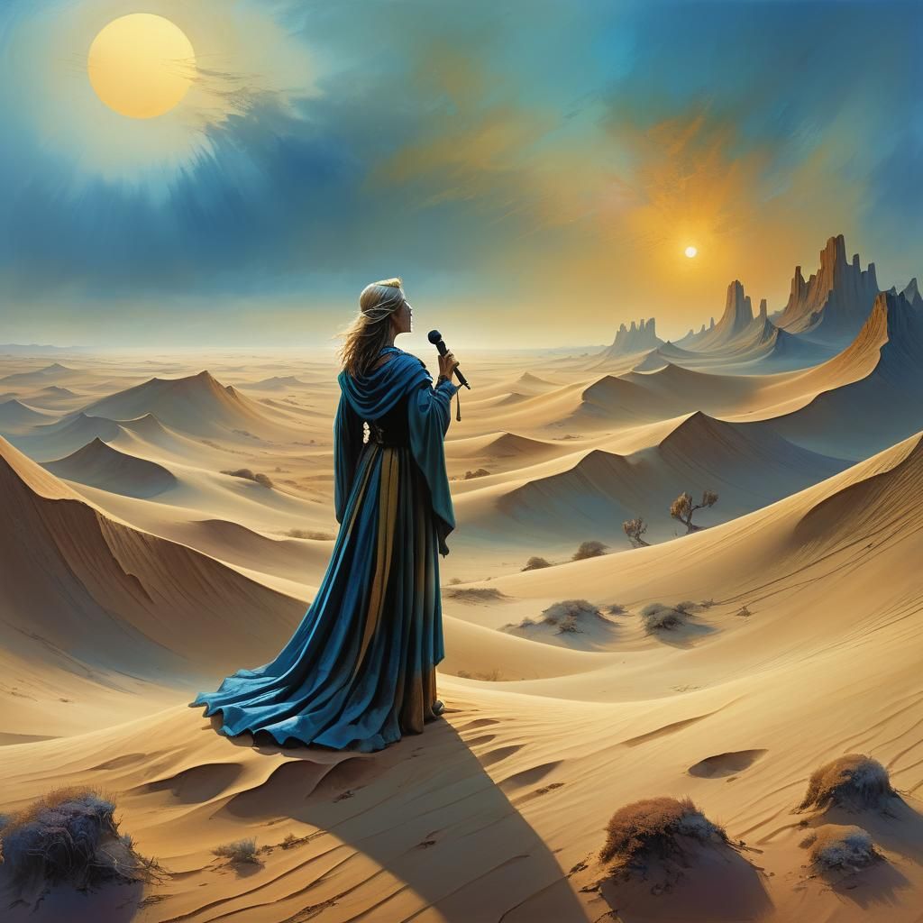 Brunhilde Sings in Desert: Surreal Oil Painting