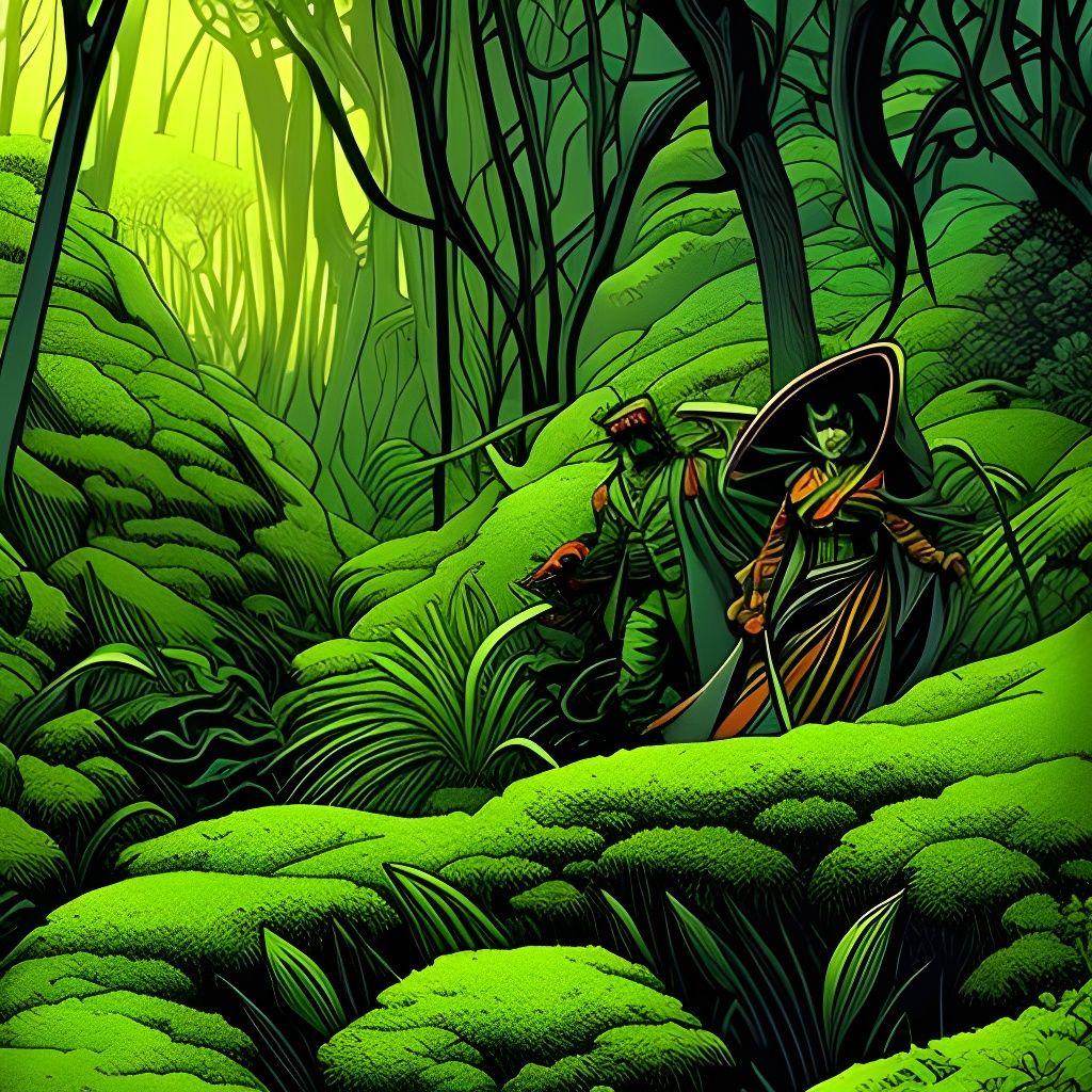 Menacing Shadows in Moss Garden: Comic Book Art
