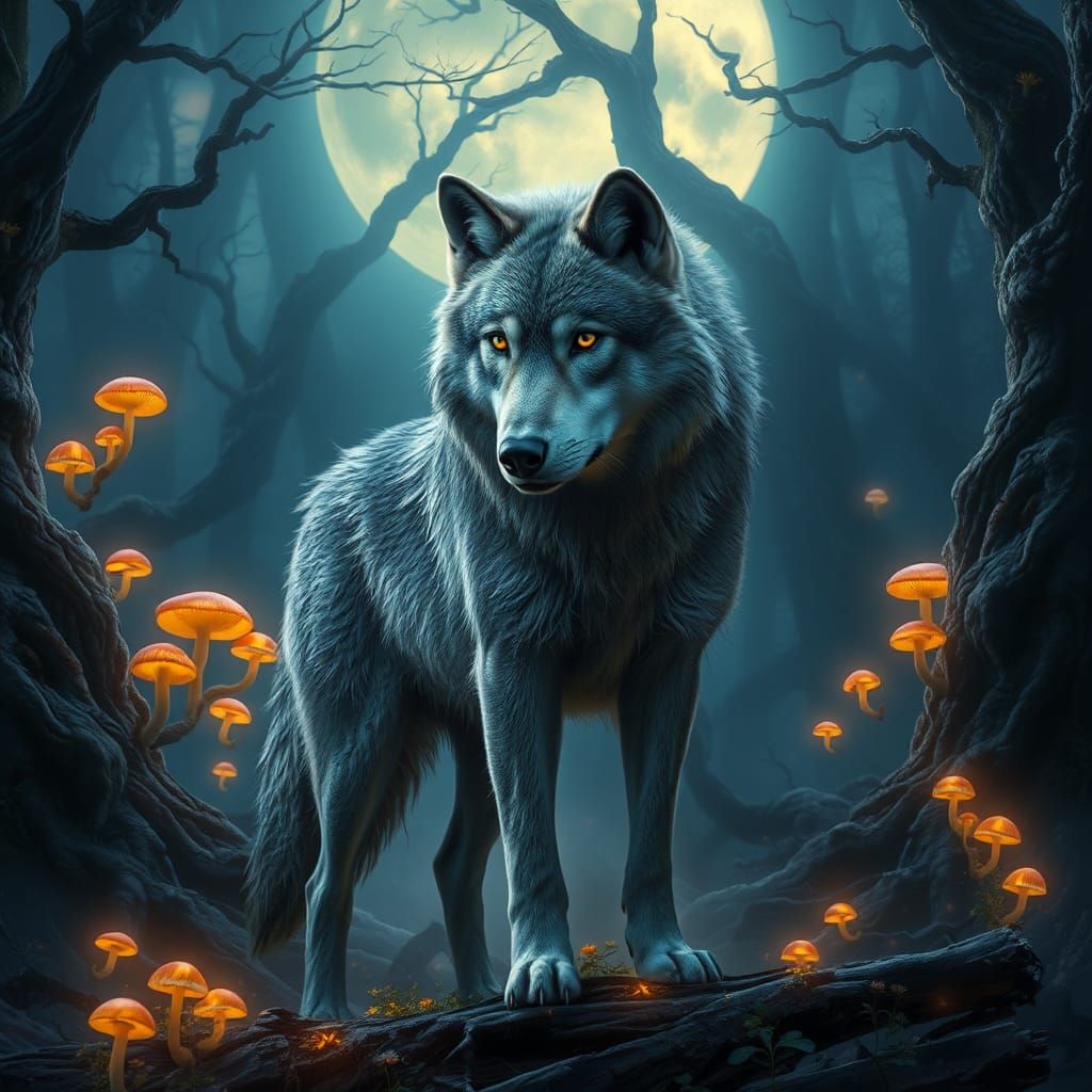 Mystical Wolf in Moonlit Forest: Matte Painting