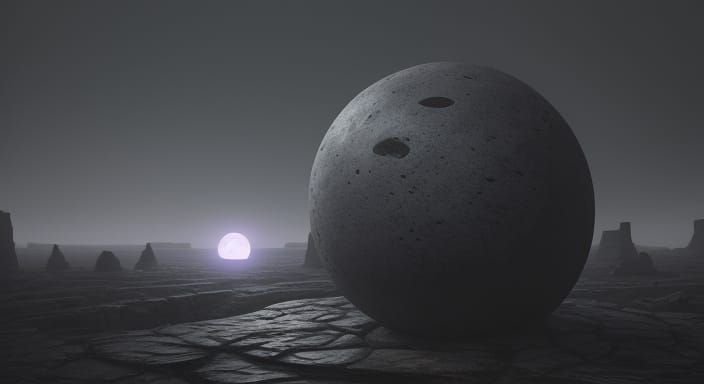 Mysterious Stone with Glowing Orb in Eerie Landscape