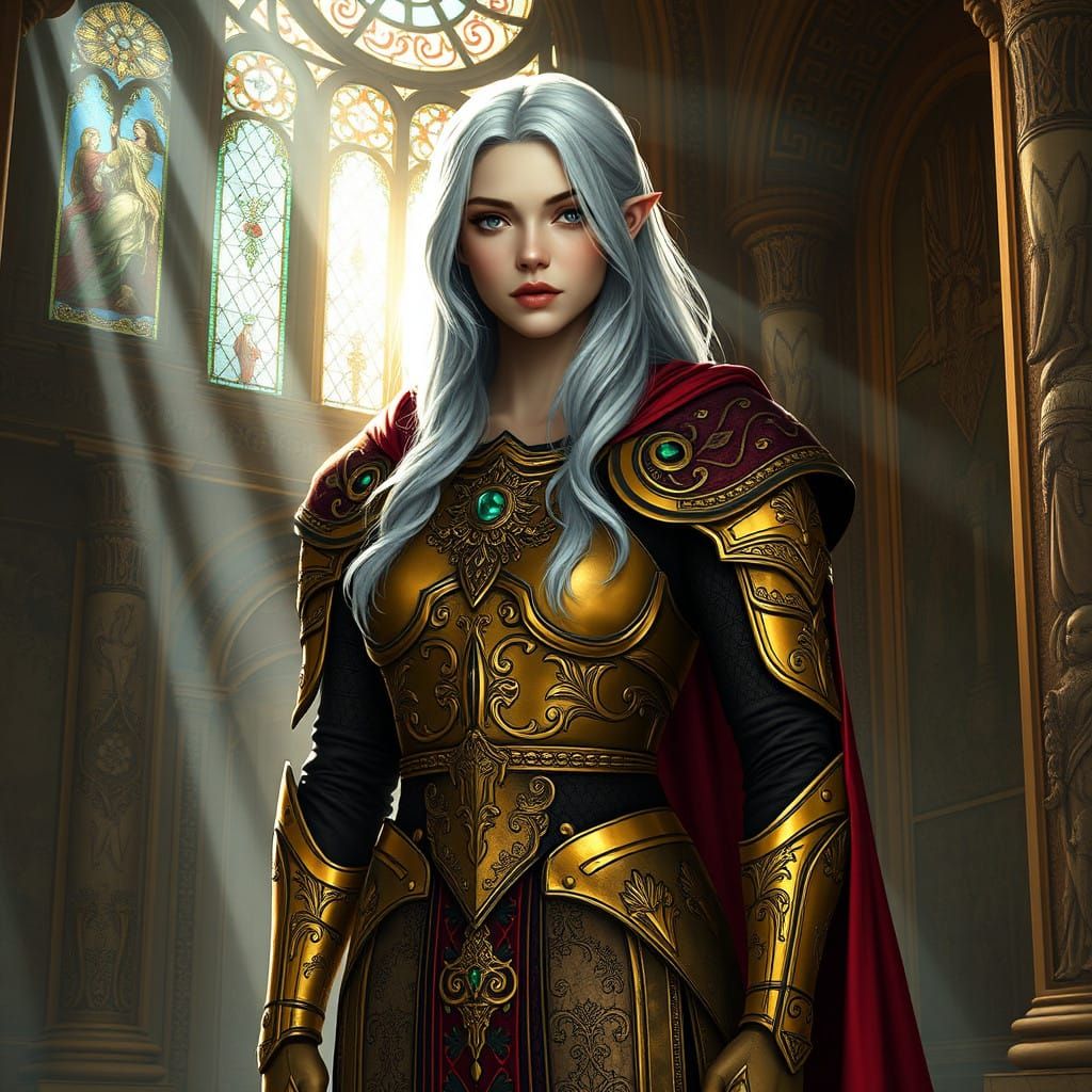 Elynireth in Ornate Temple Chamber, Golden Armor, Stained Gl...