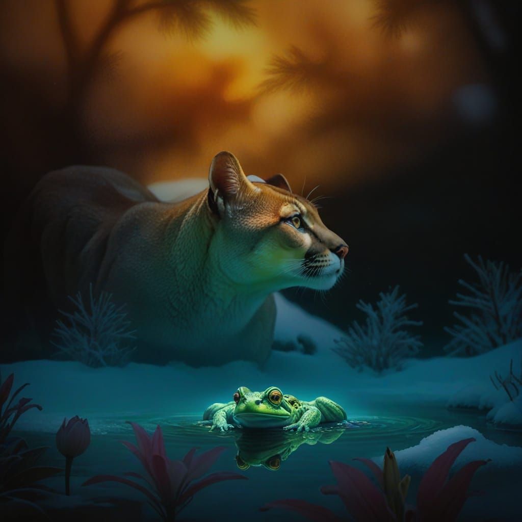Cougar Surrounded by Frogs in a Snowy Lily Pond Scene