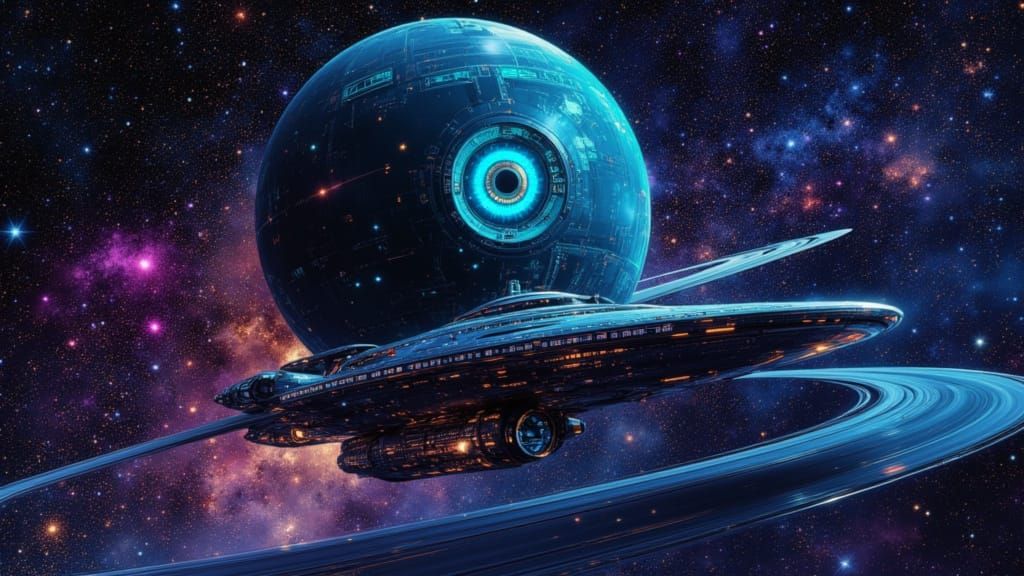 Space Noir Spaceship with Electronic Eye Near Ringed Planet