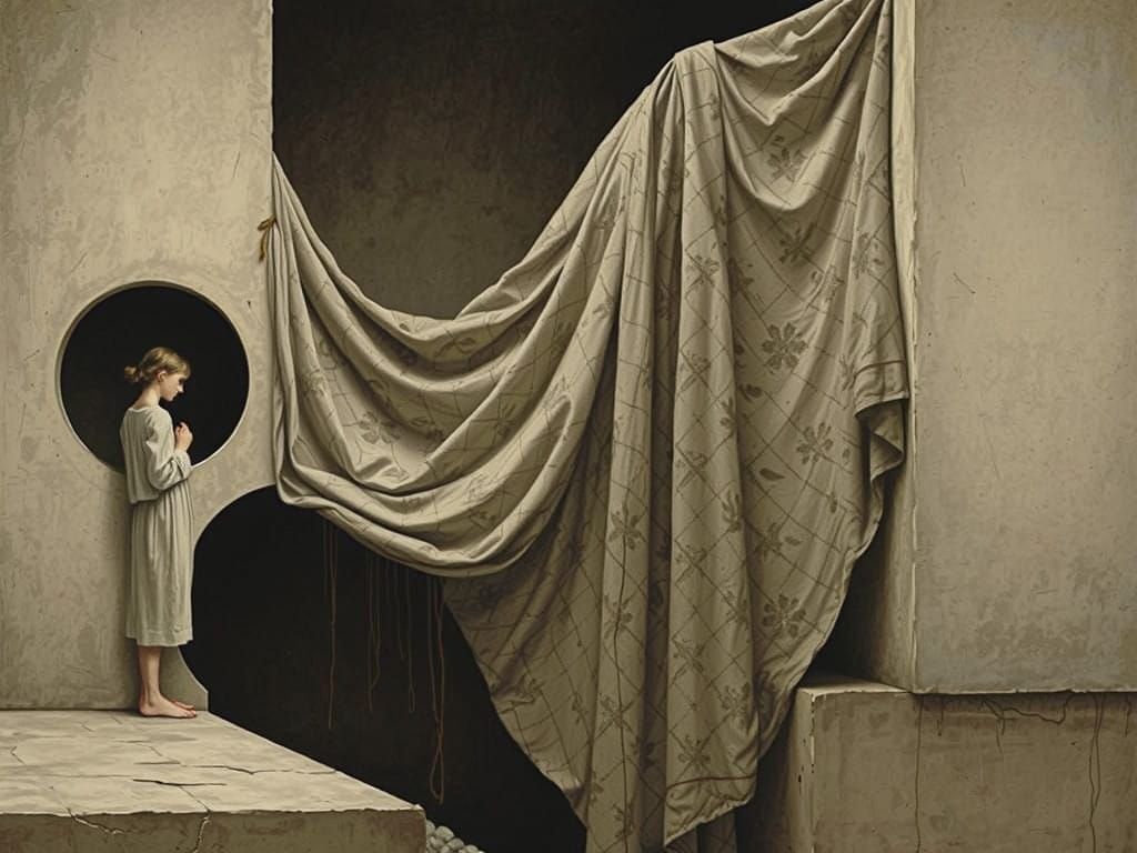 Girl Peers into a Dark, Mysterious Hole in an Abstract Compo...