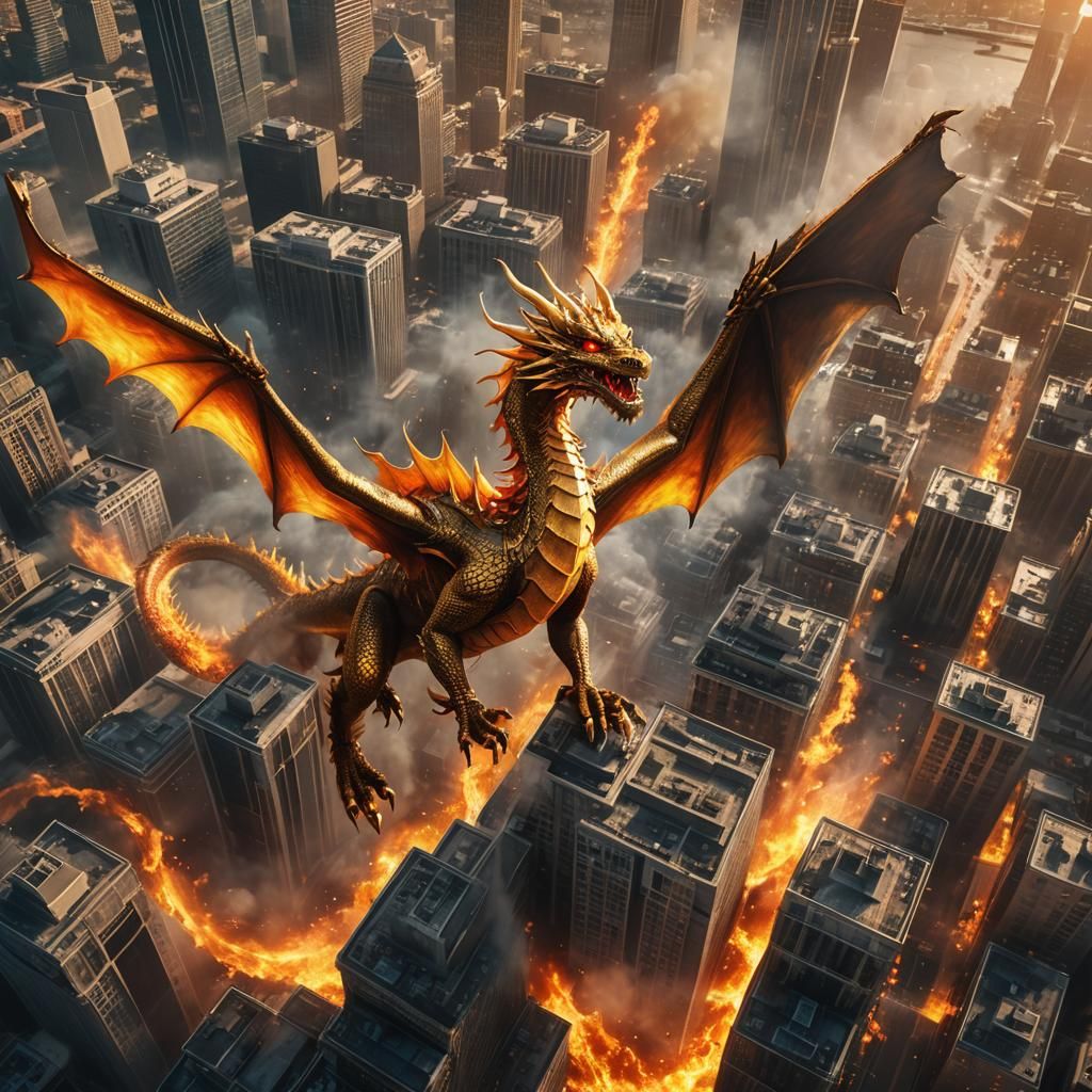 Golden Dragon Flies Through Burning Cityscape