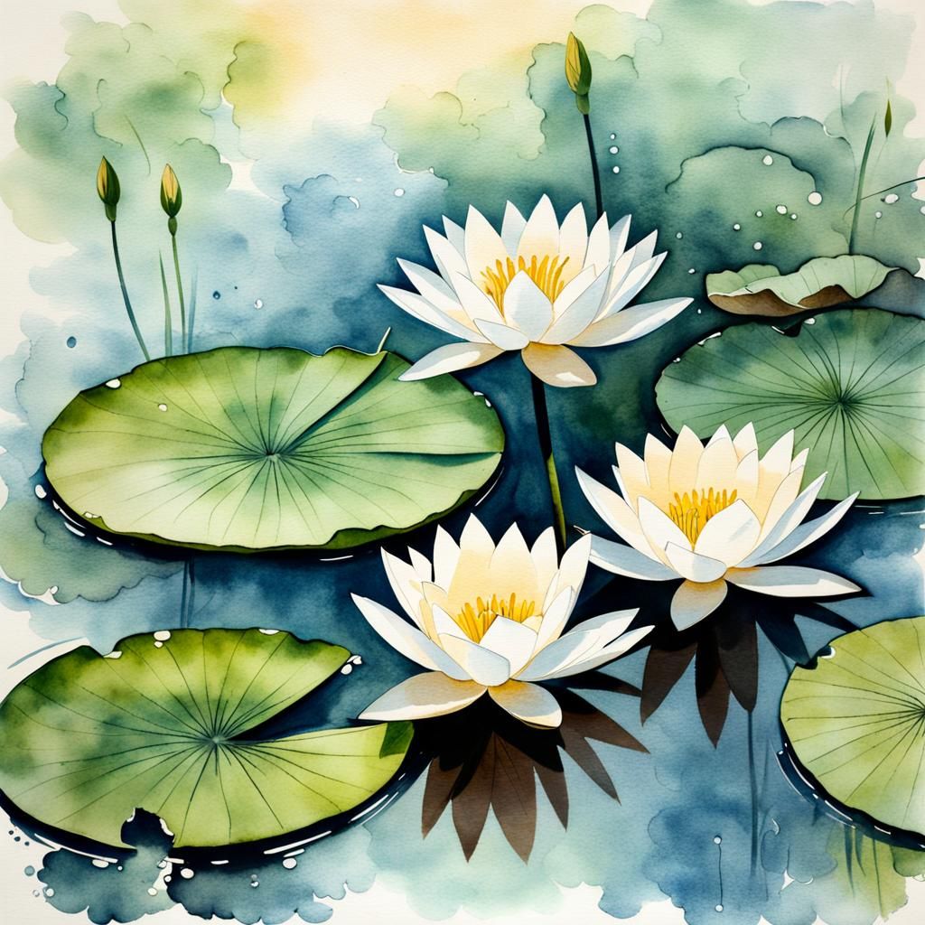 Muted Chinese Ink Painting of Lotus Flowers