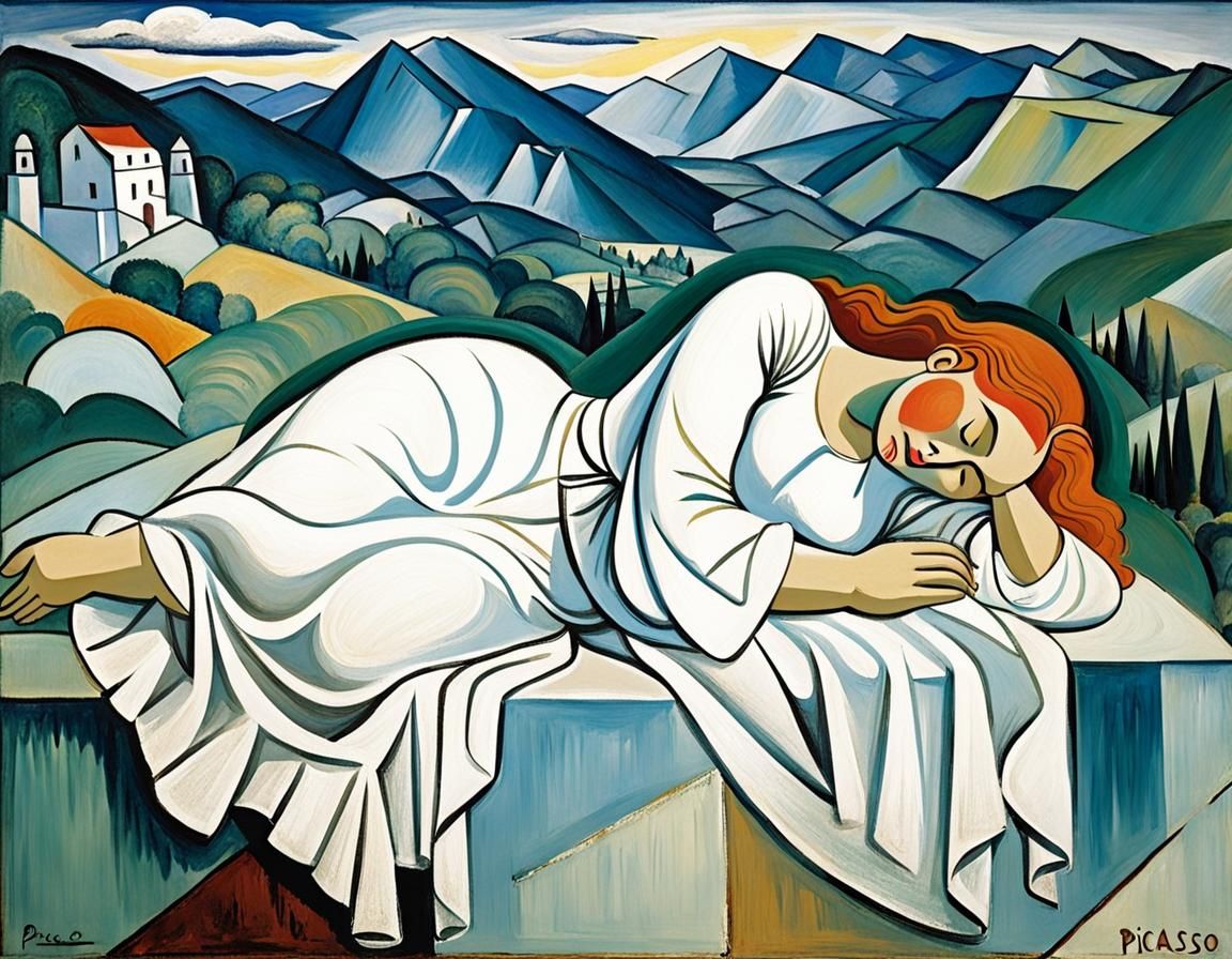 Valkyrie Asleep on Mountain in Cubist Style