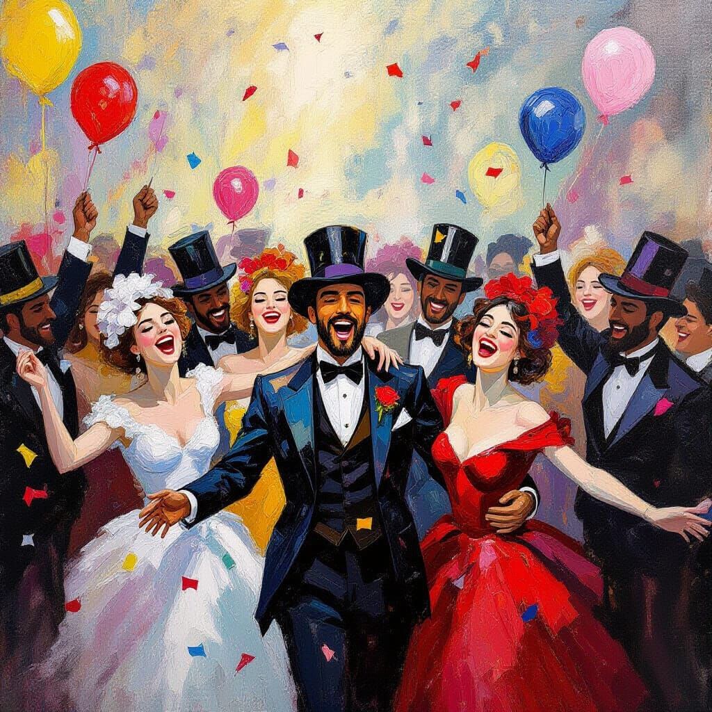 Revelers Dancing in Backwards Streamers, Bold Expressive Sty...