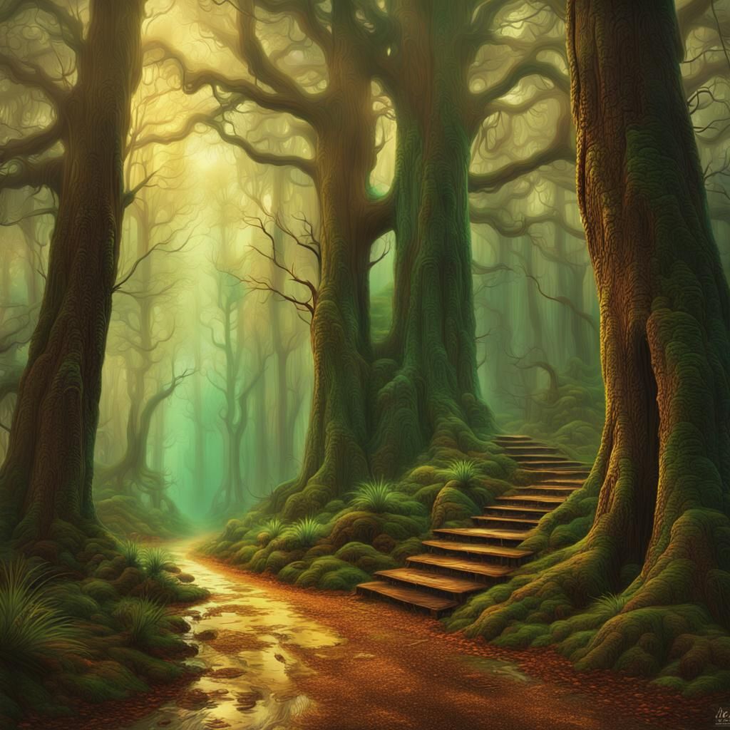 Rain Drenched Trees: Emerald Forest Path
