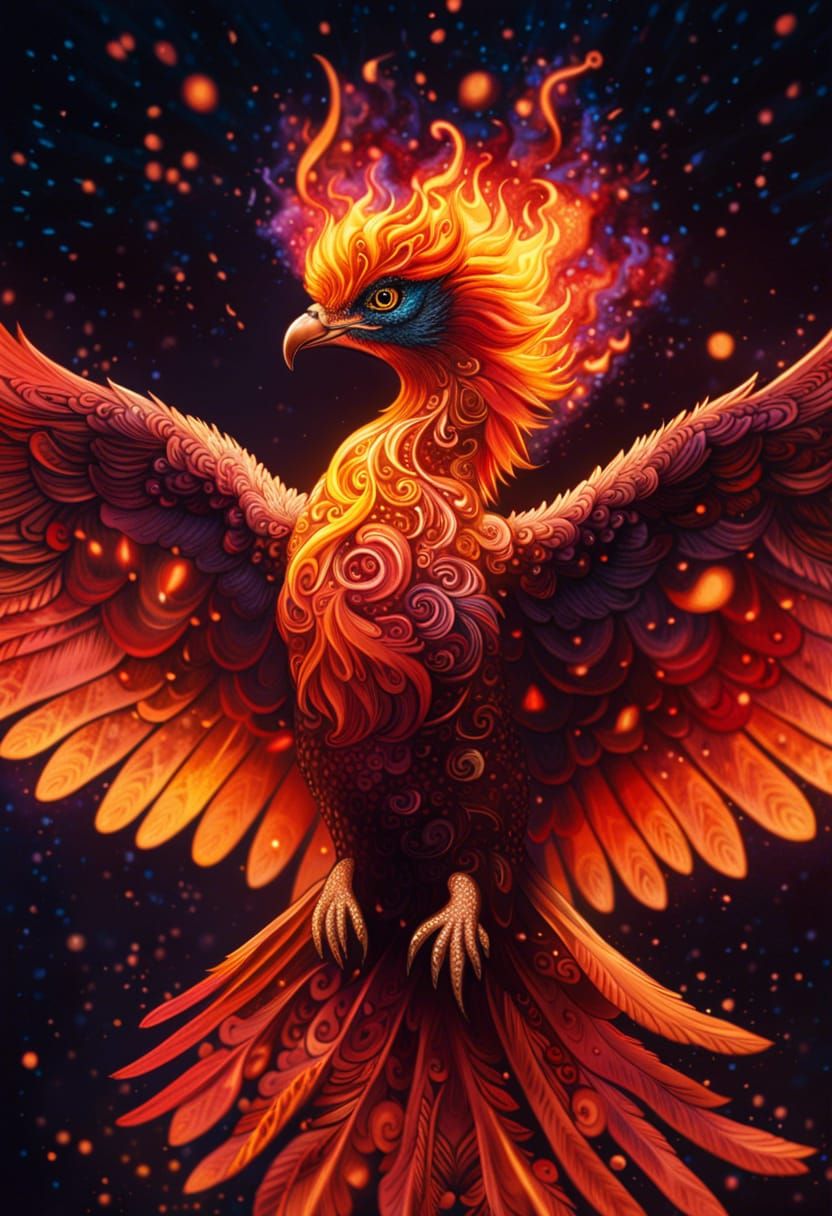Fiery Baby Phoenix Soars in Pointillist Night Sky