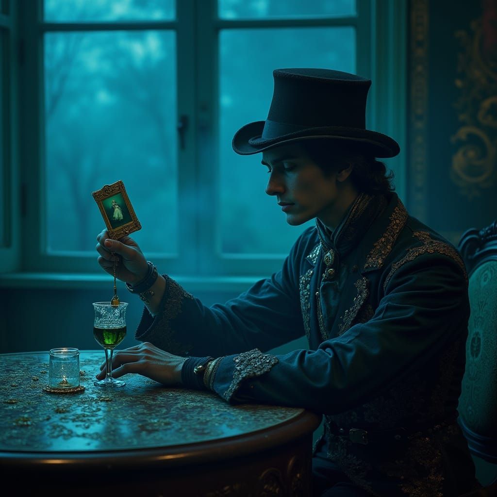 Luxurious Absinthe Drinker in a Mystical Blue-Hued Room