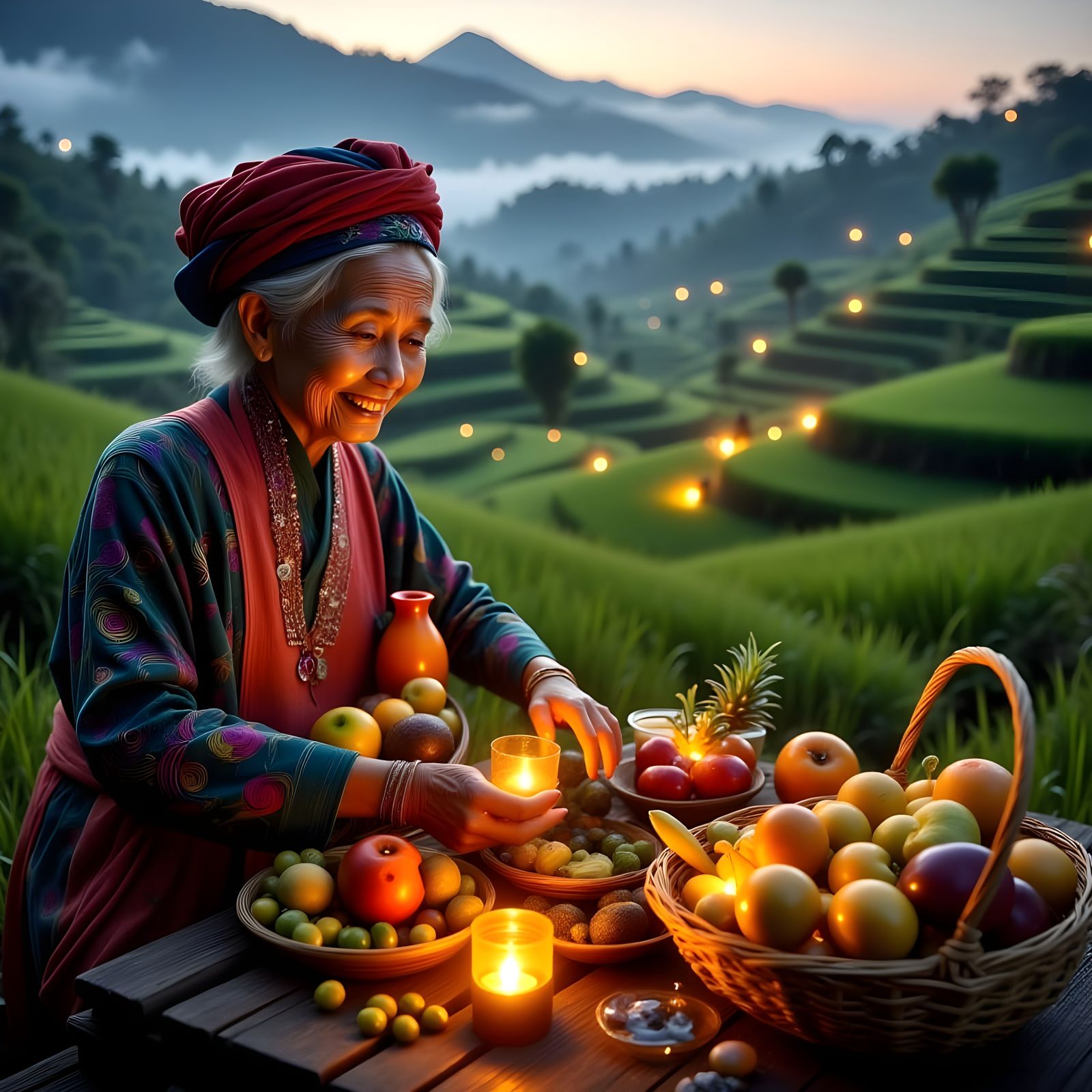 Elderly Balinese Woman in Twilight Marketplace