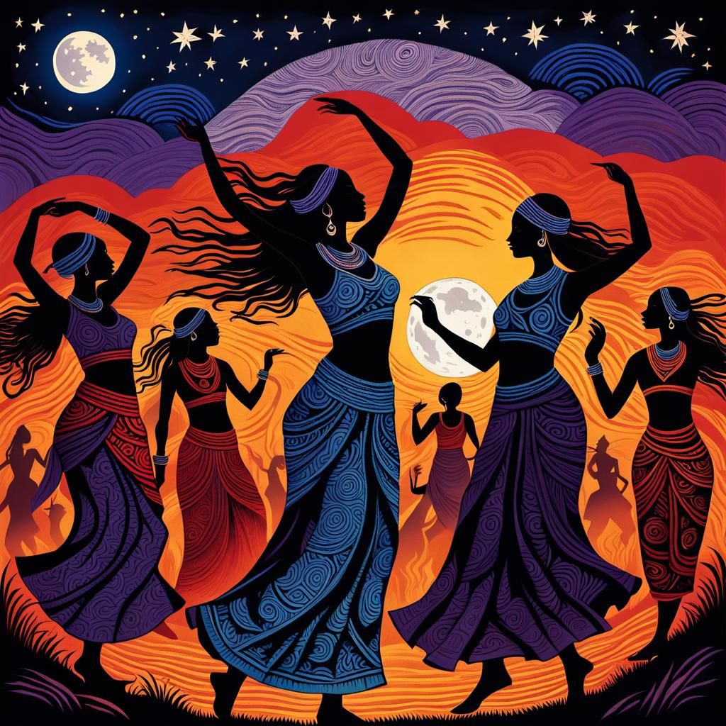 Dancing tribal women in silhouettes next to crackling fire, full moon backdrop, mystical atmosphere, deep shadows, vibra...