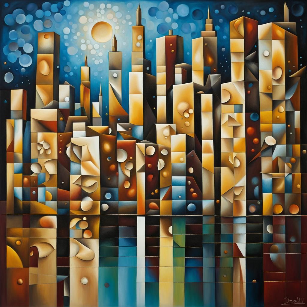Cubist Surreal Cityscape with Metallic Sequins