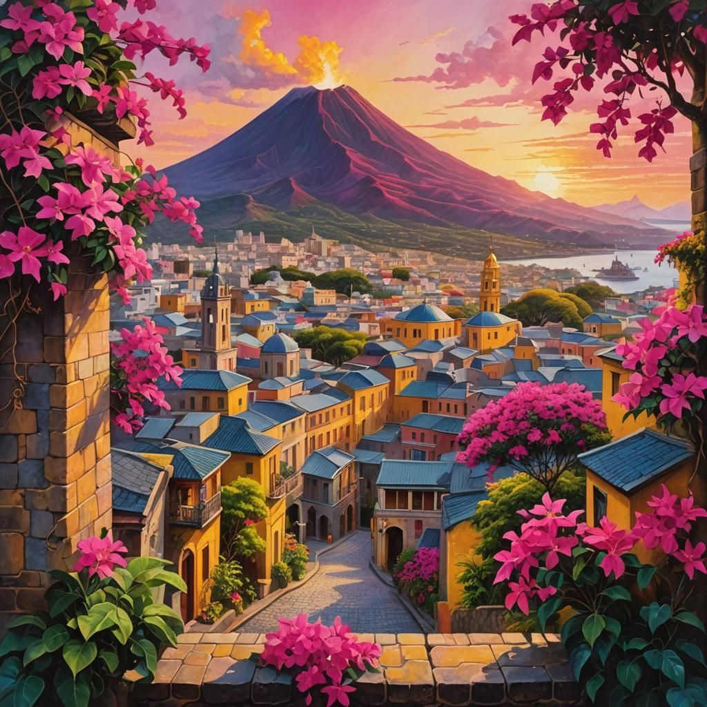 Colonial City Sunrise with Volcano: Cosmic Watercolor Illust...